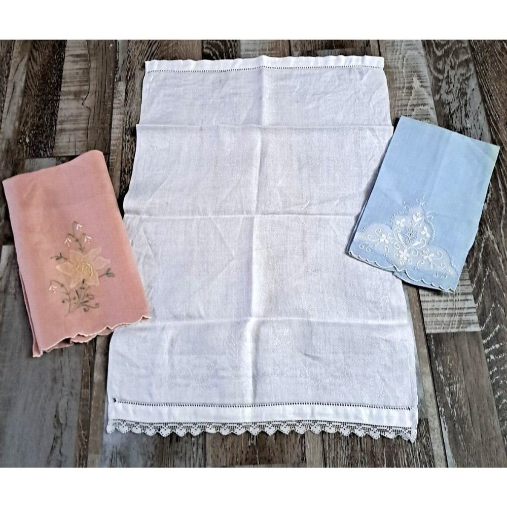 Vintage Damask Tea Towel & Napkins Linen Embroidered Organdy Pink Blue Cottage